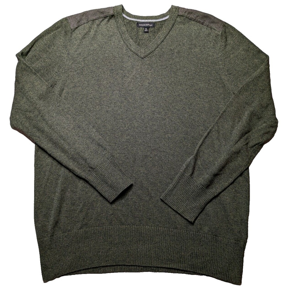 BANANA REPUBLIC‎ Men Large Green Heather Cotton V-Neck Military Sweater EUC